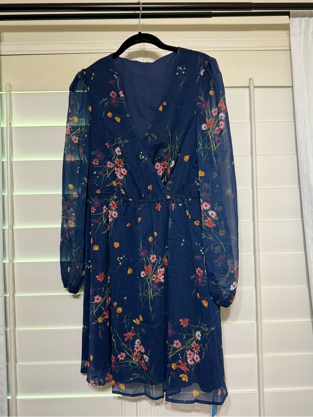 Cupshe Navy Floral Midi Dress with Sheer Long Sleeves